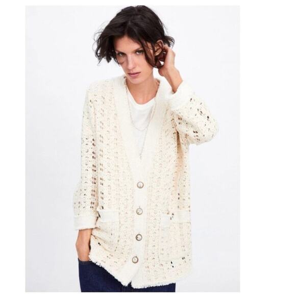 Zara TEXTURED WEAVE JACKET WITH JEWEL BUTTON Size Small - Picture 10 of 16